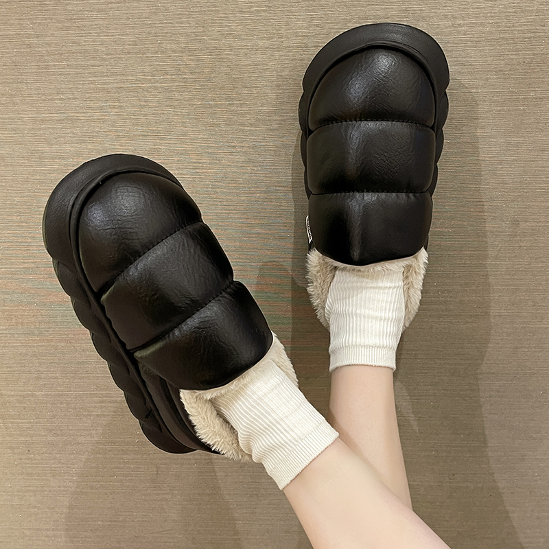 pu皮防水棉拖鞋女冬季简约室内外穿防滑加厚毛绒保暖厚底包跟棉鞋