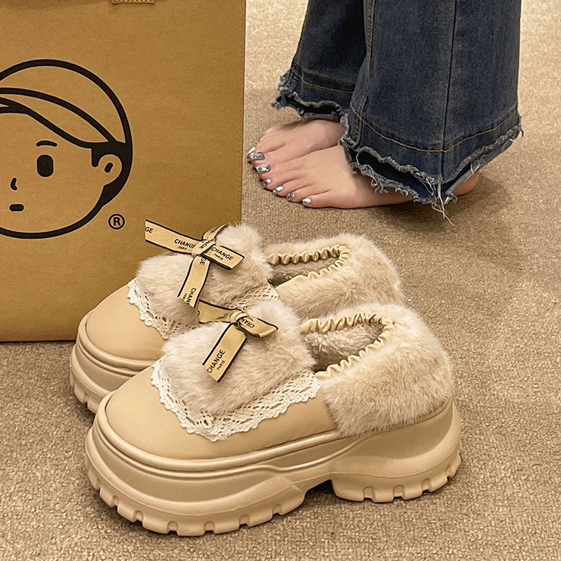 厚底高跟棉拖鞋女冬季可爱蝴蝶结加绒保暖室内居家包跟棉鞋可外穿