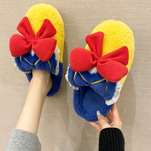 秋冬卡通风蝴蝶结包头毛绒棉拖鞋
