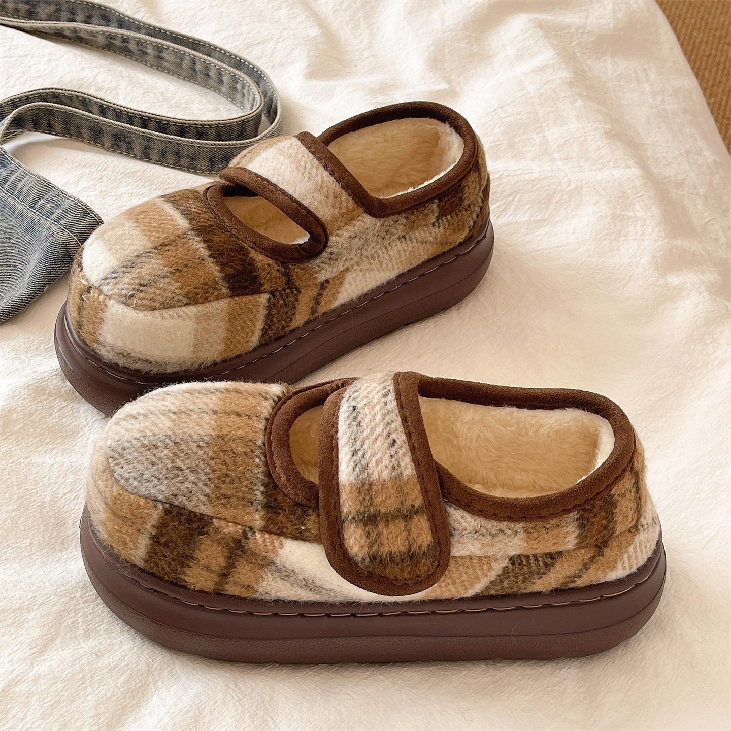 复古格子魔术贴棉拖鞋女款冬季室内居家防滑厚底加绒保暖包跟棉鞋