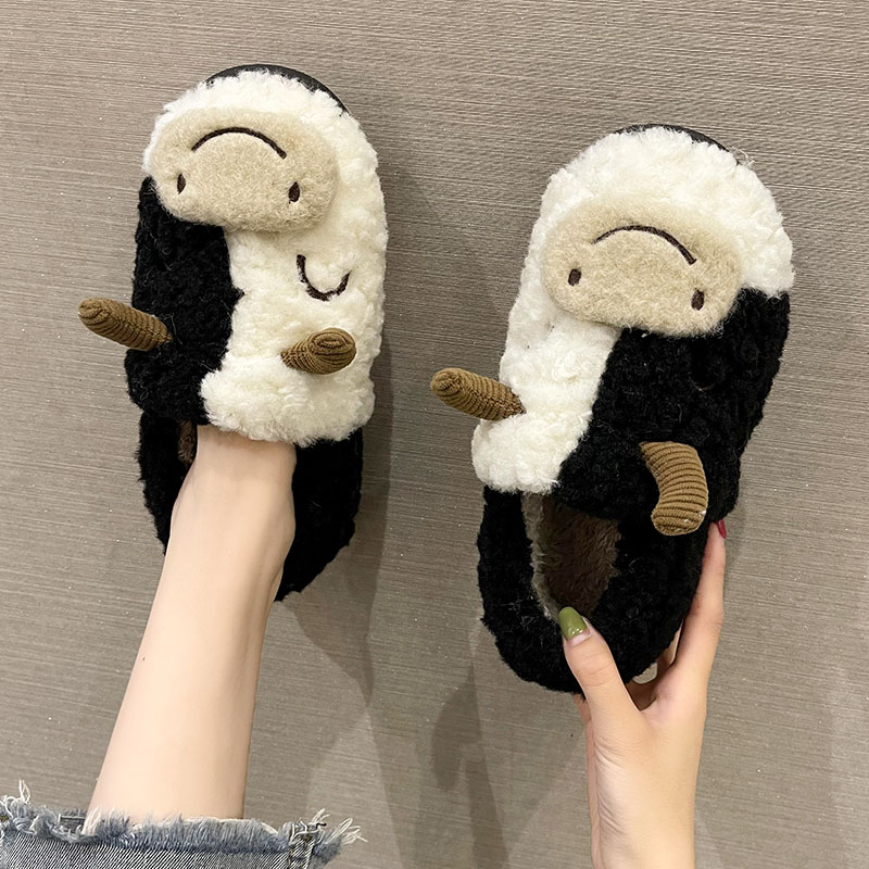 可爱卡通奶牛毛绒保暖包跟棉拖鞋