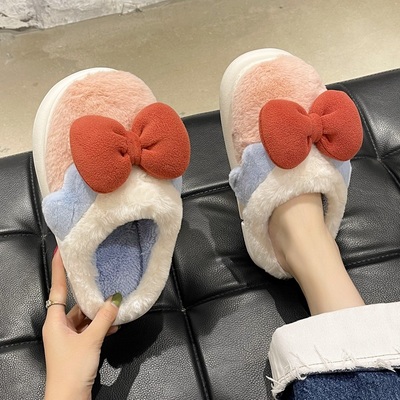可爱厚底蝴蝶结居家棉拖鞋