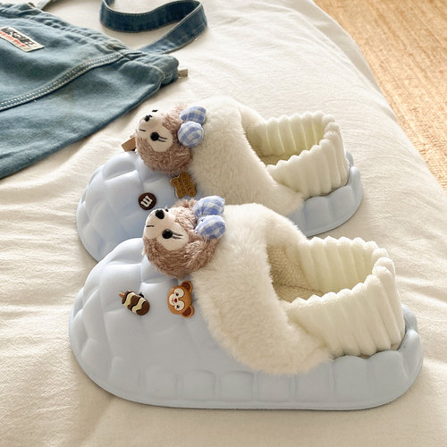 可爱小熊毛毛棉拖鞋女冬季室内外穿防滑厚底包头加绒保暖防水棉鞋