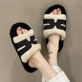 室内外穿防滑毛绒保暖一字棉拖鞋 时尚 新款 女2026年秋冬季 毛毛拖鞋