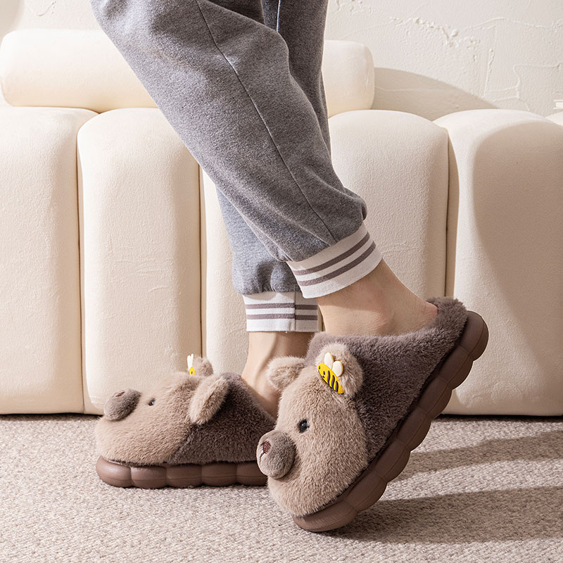 防滑棉拖鞋男士冬季卡通蜜蜂小熊毛毛绒保暖室内家居厚底包头拖鞋