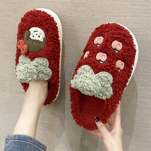 男 女可爱卡通小女孩居家用室外保暖防滑情侣包跟棉拖鞋 冬季 棉拖鞋