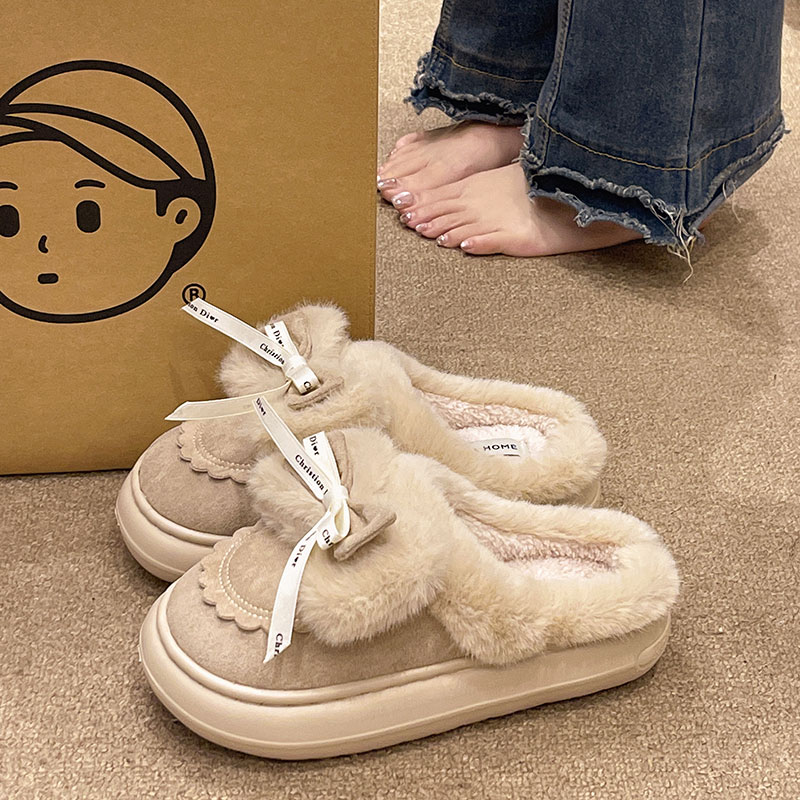 厚底棉拖鞋女冬季外穿可爱蝴蝶结加绒保暖室内家居家包头防滑拖鞋
