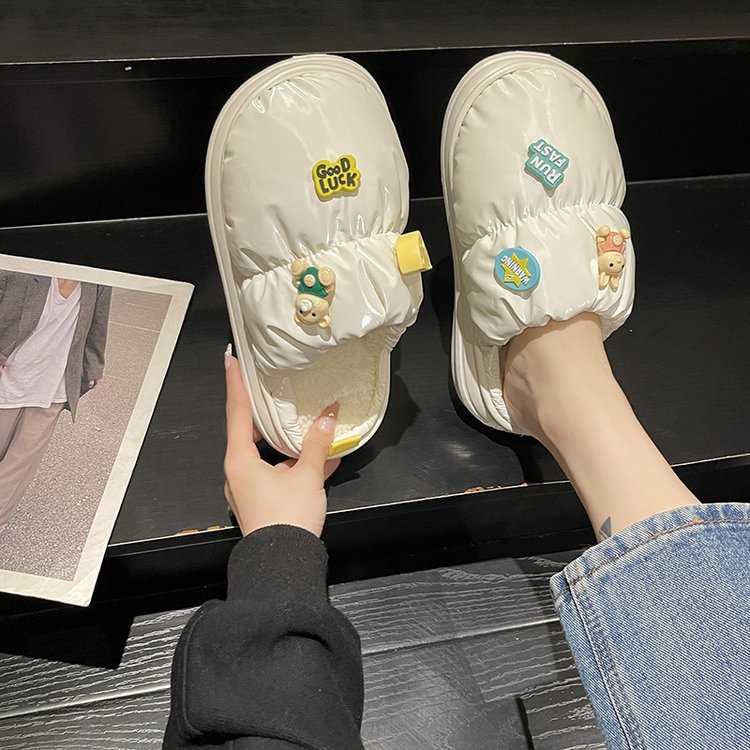 羽绒布防水可爱厚底防滑棉拖鞋