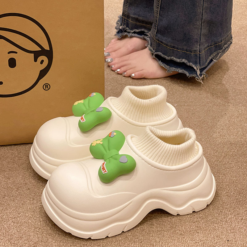 厚底增高棉拖鞋女士冬季室内外穿加绒保暖可爱蝴蝶结防水包跟棉鞋