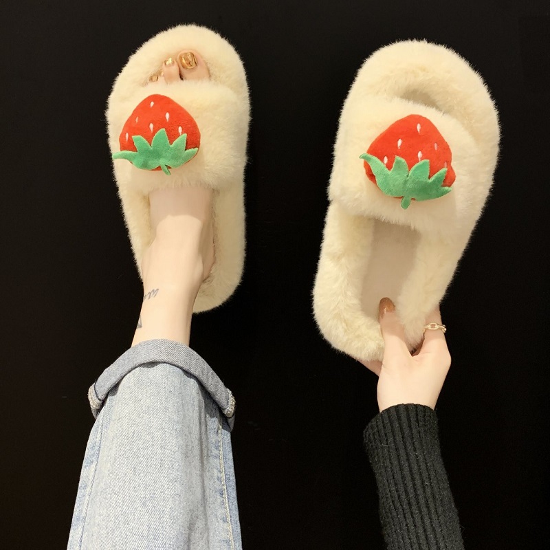 网红草莓毛毛韩版百搭防滑棉拖鞋