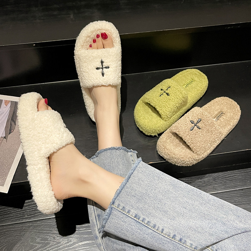 十字花毛毛拖鞋女秋冬季时尚外穿厚底防滑室内家居保暖一字棉拖鞋