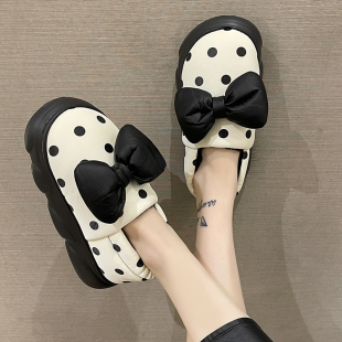 可爱波点蝴蝶结厚底防滑加绒保暖居家用包跟棉鞋 防水棉拖鞋 女冬季