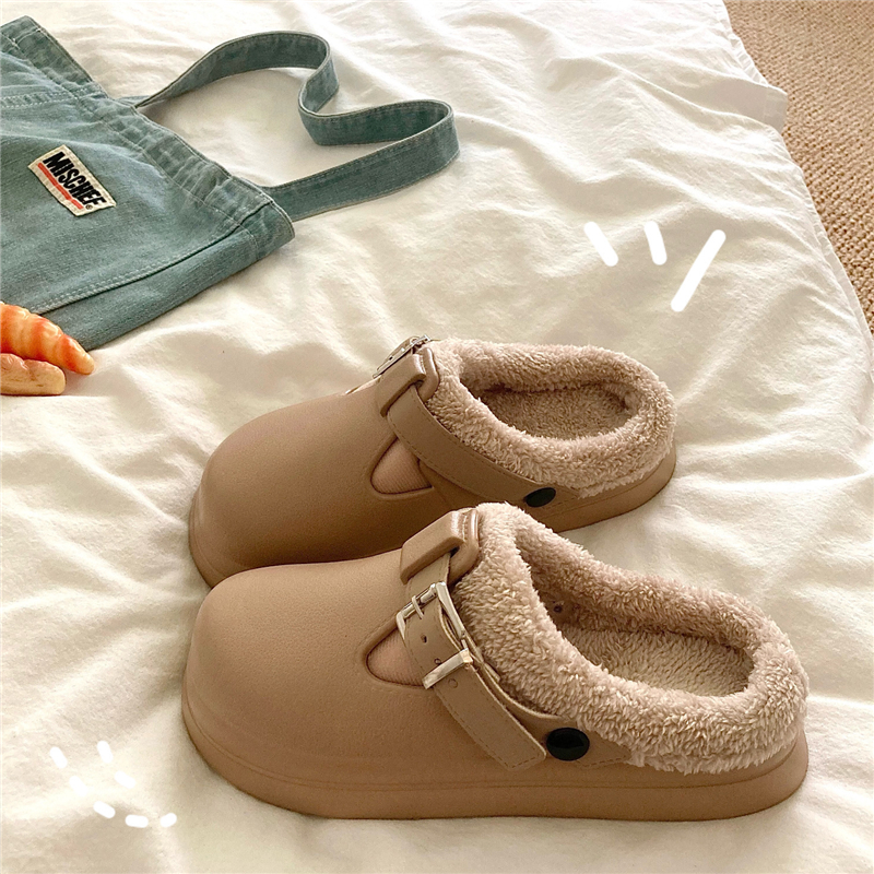 厚底棉拖鞋女冬季时尚外穿加绒毛毛保暖室内家居防滑防水包头拖鞋
