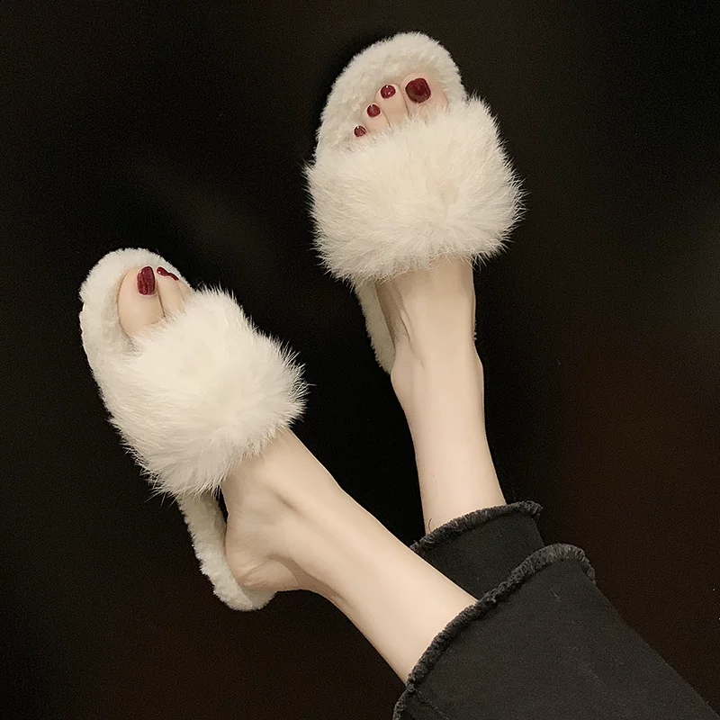 网红新款时尚风懒人加绒毛毛拖鞋