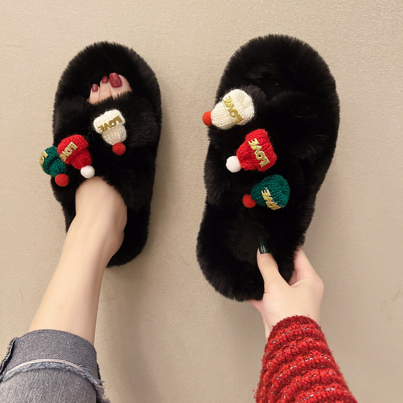 可爱圣诞帽毛毛绒棉秋冬外穿拖鞋