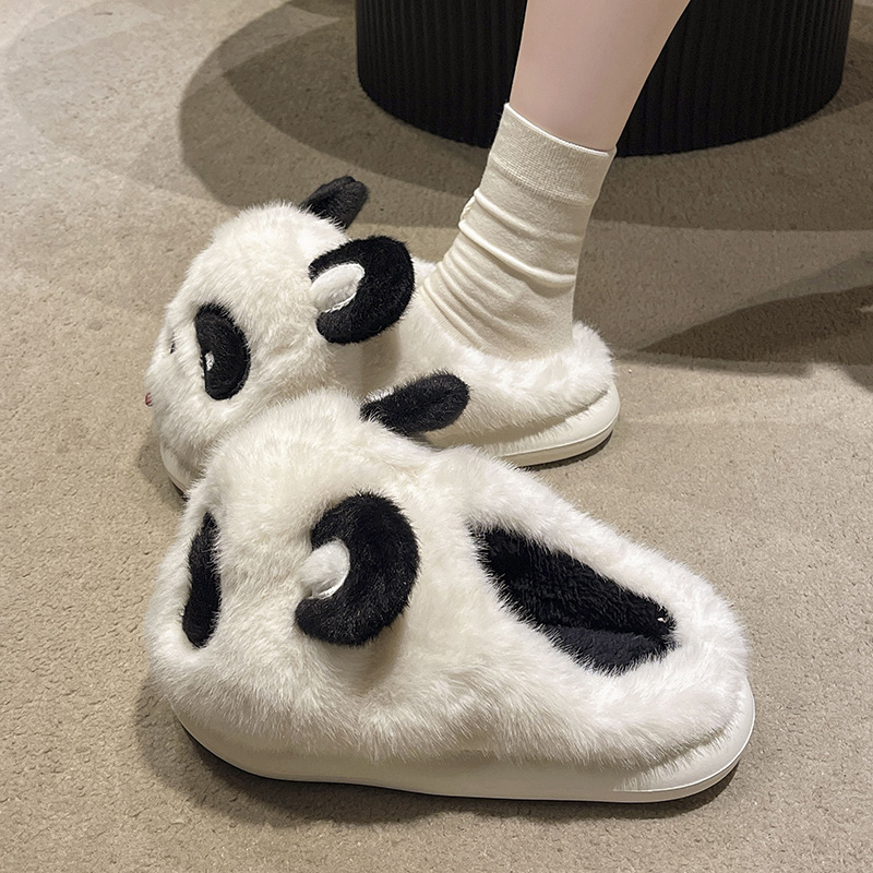 棉拖鞋女秋冬季卡通可爱大熊猫居家室内防滑月子毛绒保暖包头拖鞋