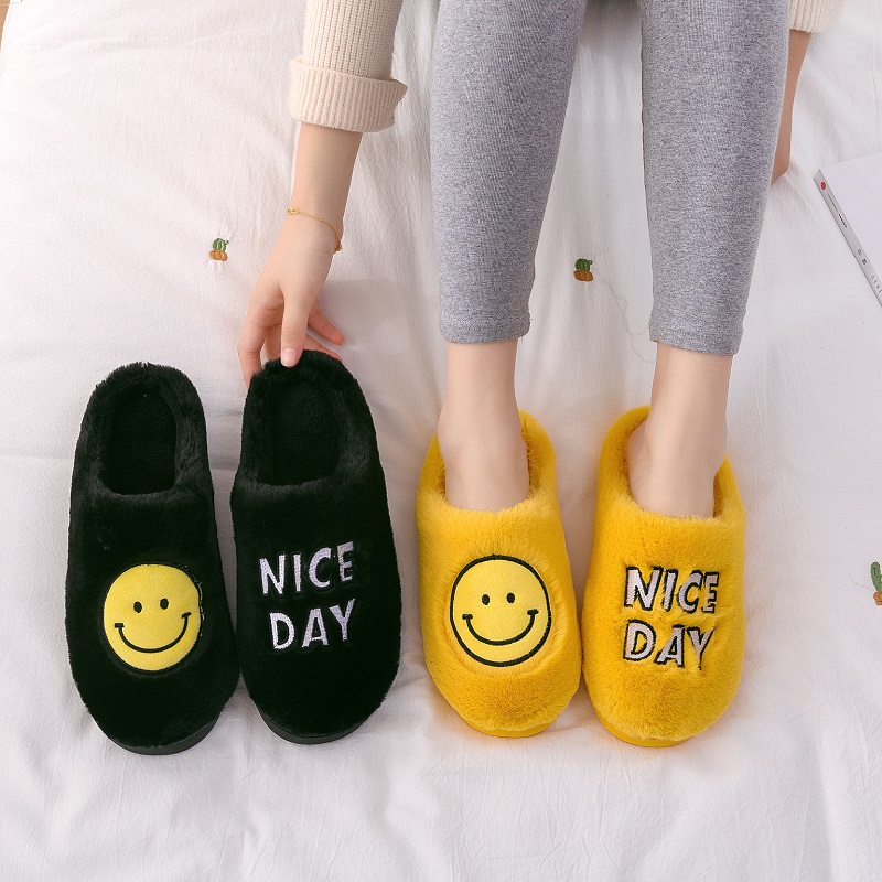 家居卡通风笑脸毛毛绒秋季棉拖鞋