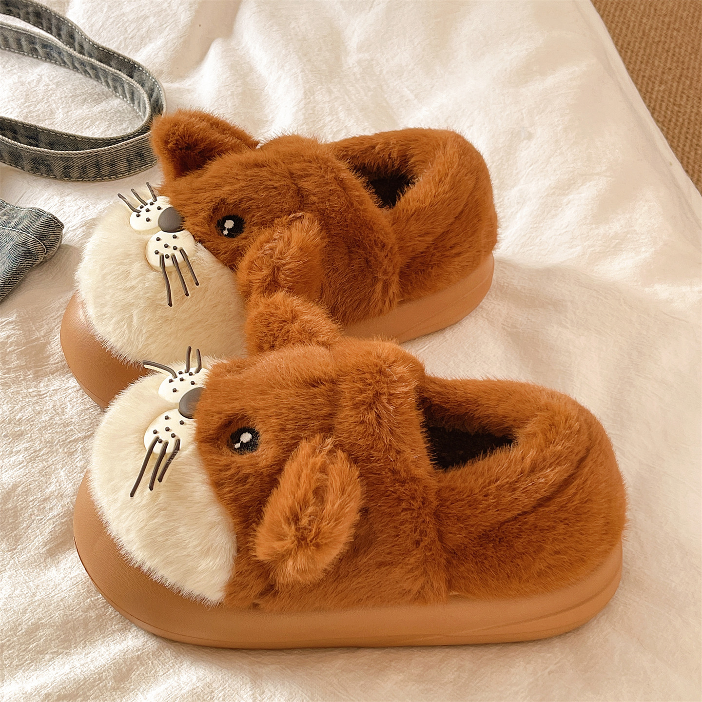 可爱小豹子棉拖鞋女款冬季新款室内居家保暖加绒厚底防滑包跟棉鞋