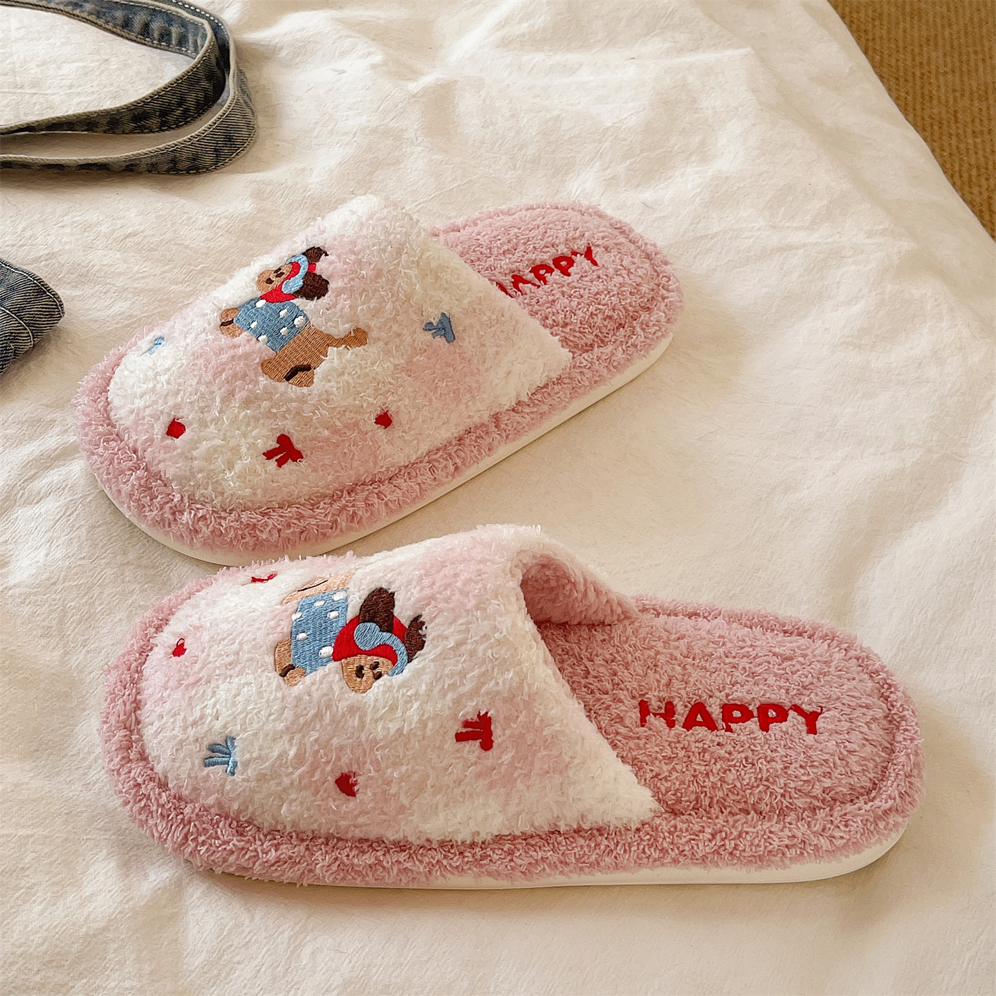 可爱波点小狗毛毛拖鞋女冬季居家室内防滑软底加绒保暖包头棉拖鞋