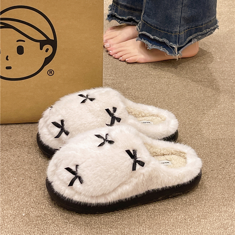 防滑棉拖鞋女冬季室内居家可爱小蝴蝶结毛绒保暖厚底包头拖鞋外穿