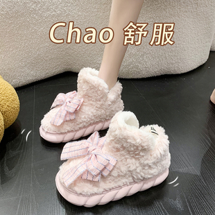 外穿棉拖鞋 女冬季 ins潮时尚 可爱蝴蝶结加绒保暖厚底家居包跟棉鞋