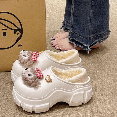 防水棉拖鞋女冬季卡通可爱加绒保暖防滑居家外穿厚底增高包跟棉鞋