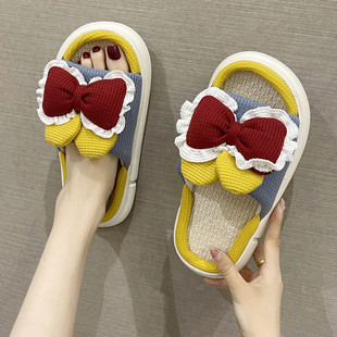 棉麻布凉拖鞋 可爱蝴蝶结室内厚底防滑透气吸汗四季 女夏季 亚麻拖鞋