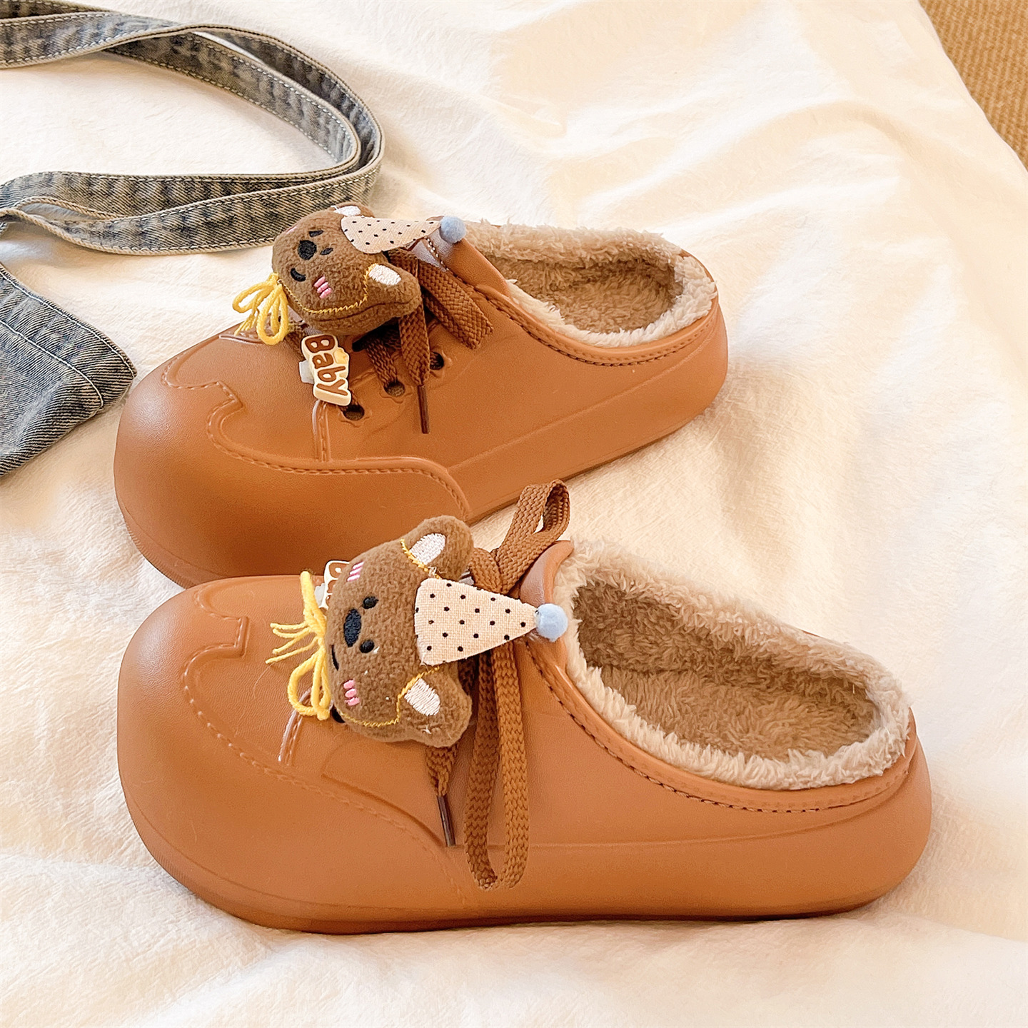 可爱小熊包头棉拖鞋女冬季室内外穿厚底防水加绒保暖防滑毛毛拖鞋