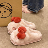 可外穿 可爱室内家居厚底防滑保暖毛绒拖鞋 蝴蝶结猫咪棉拖鞋 女冬季
