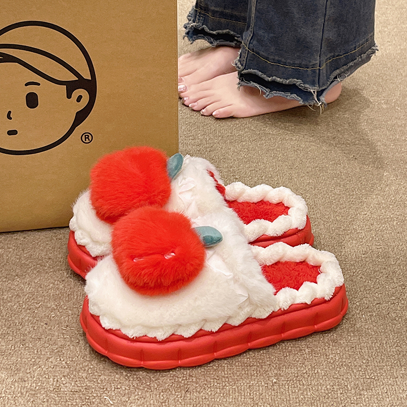 新款棉拖鞋女冬季外穿可爱水果毛绒保暖防滑居家室内厚底包头拖鞋