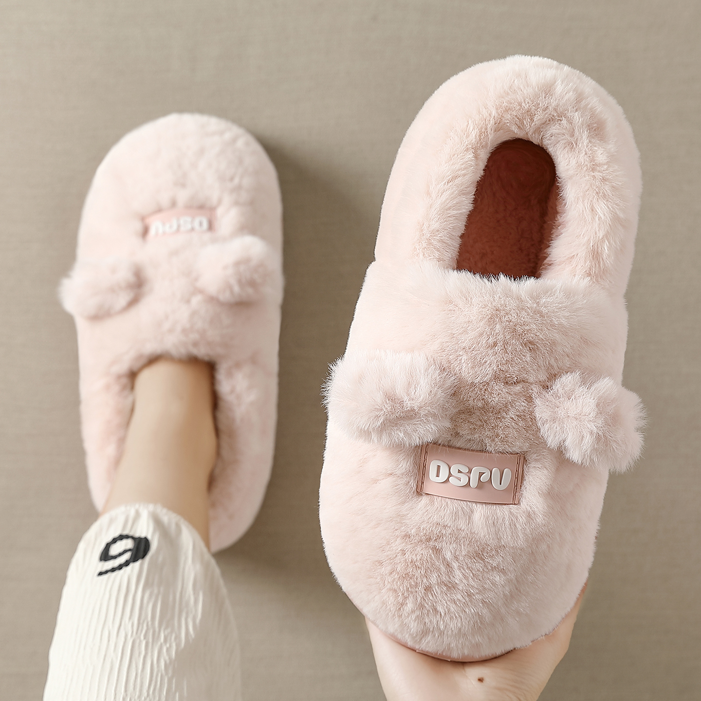 毛绒棉拖鞋女冬季包跟2025新款可爱小耳朵室内家居防滑保暖棉鞋男