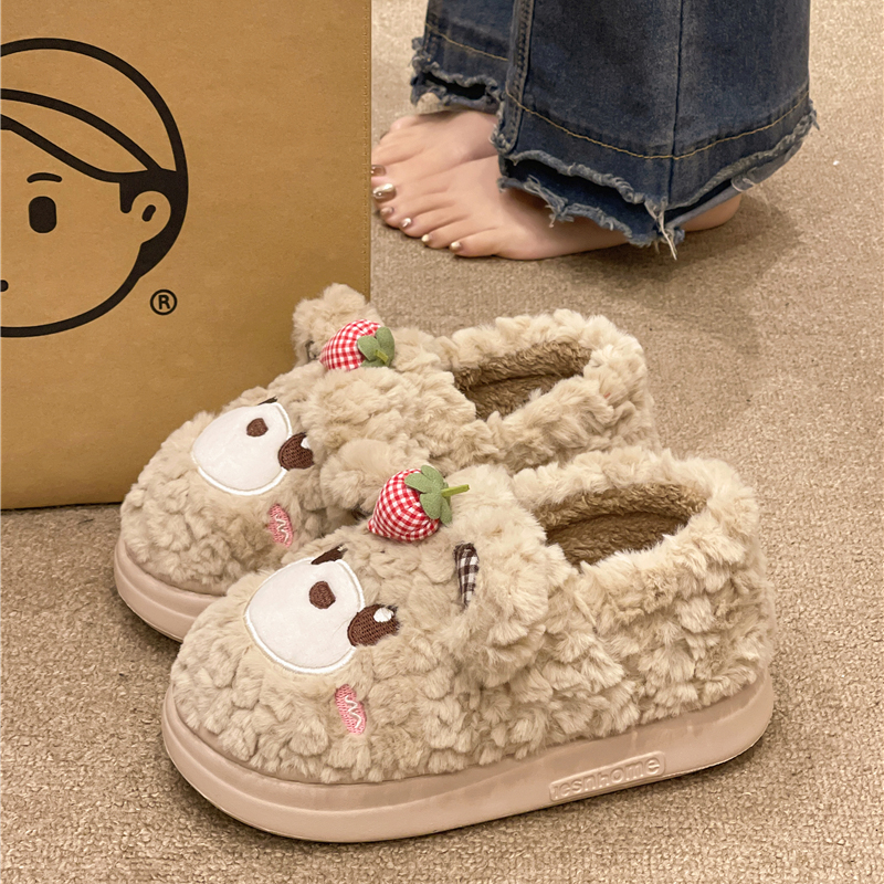 可爱草莓小熊棉拖鞋女冬季室内居家毛绒保暖包跟厚底防滑棉鞋外穿