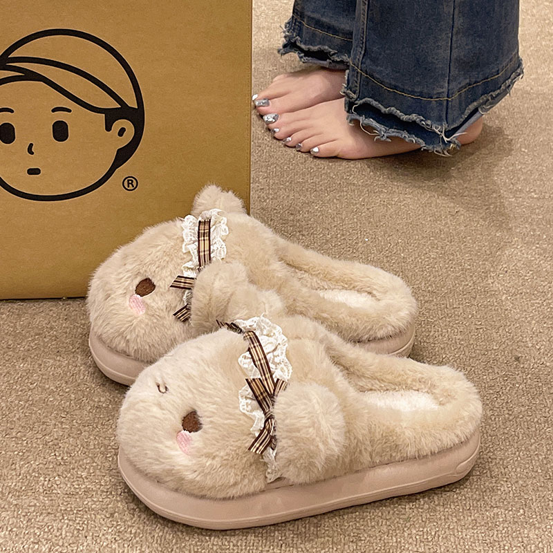 可爱蕾丝兔子棉拖鞋冬季室内居家月子保暖毛绒防滑可外穿包头拖鞋