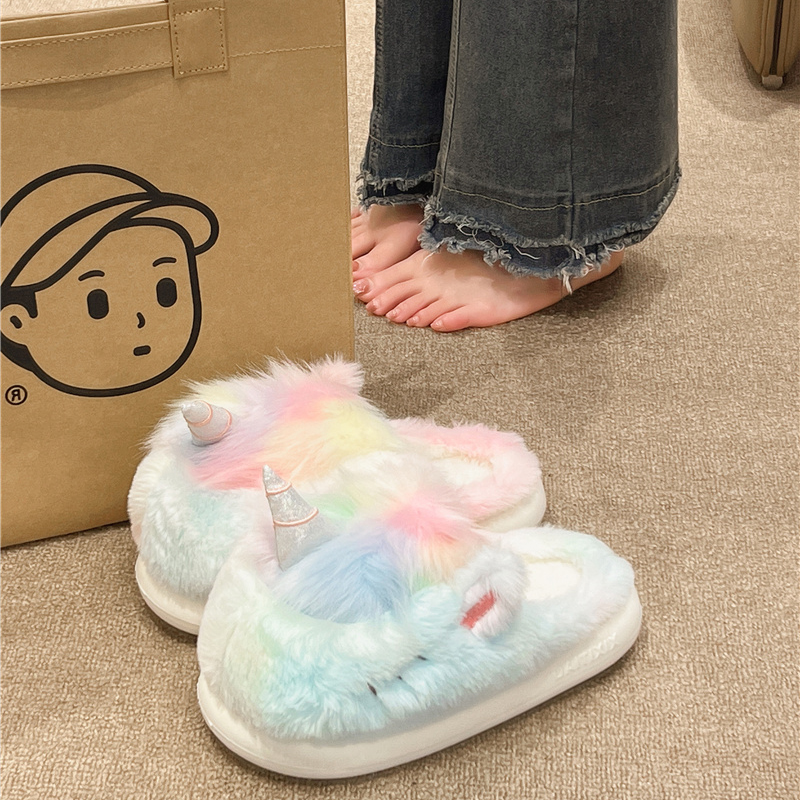 可爱卡通毛绒保暖包头棉拖鞋