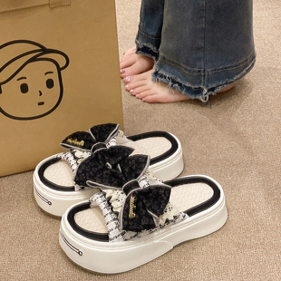 亚麻拖鞋女款春秋季室内家居可爱蝴蝶结厚底防滑吸汗透气棉麻拖鞋