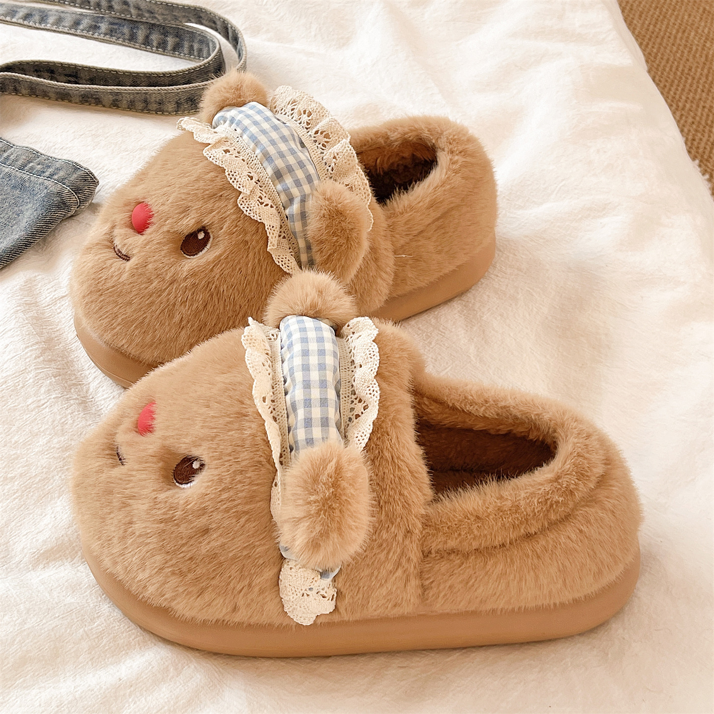 棉拖鞋女冬季外穿可爱小熊居家室内厚底防滑加绒月子保暖包跟棉鞋