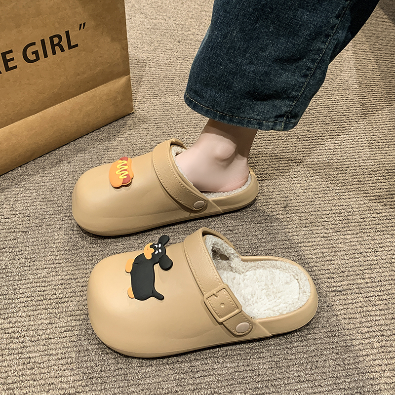 可爱香肠狗棉拖鞋女秋冬季外穿2025新款加绒保暖防滑防水包头拖鞋