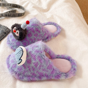 可爱企鹅小鱼豹纹毛毛拖鞋女冬季室内居家防滑加绒保暖包头棉拖鞋