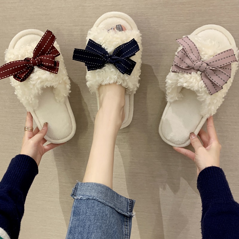 居家保暖蝴蝶结秋冬季毛毛拖鞋