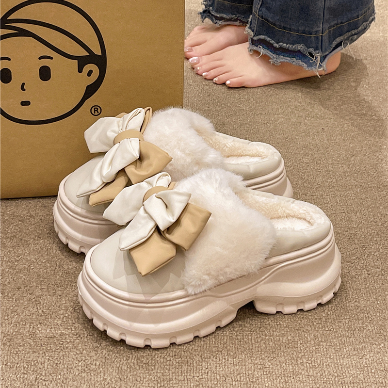 高跟棉拖鞋女冬季室内居家可爱蝴蝶结加绒保暖可外穿防滑厚底拖鞋