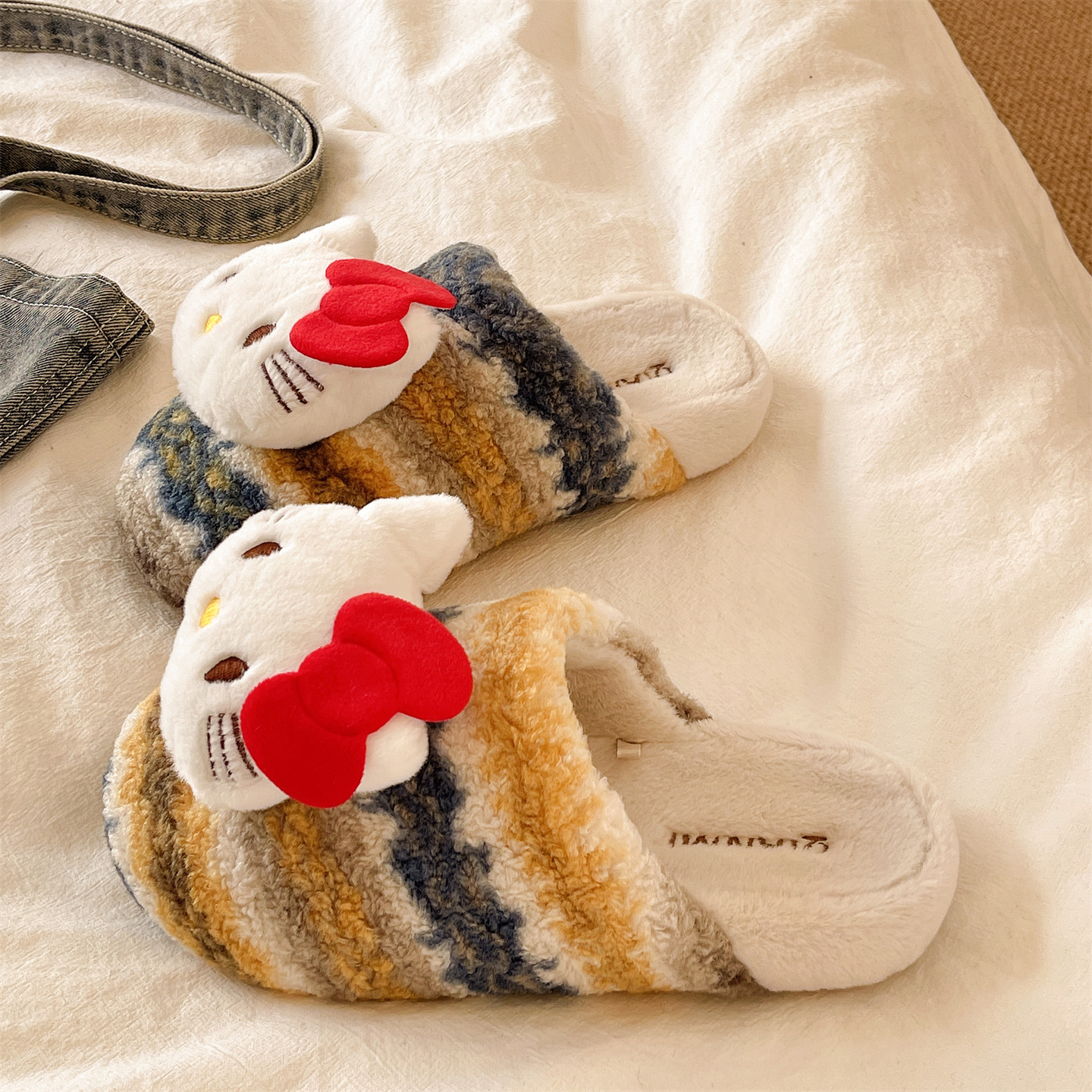 可爱猫咪条纹棉拖鞋女冬季毛绒保暖学生居家室内厚底防滑毛毛拖鞋