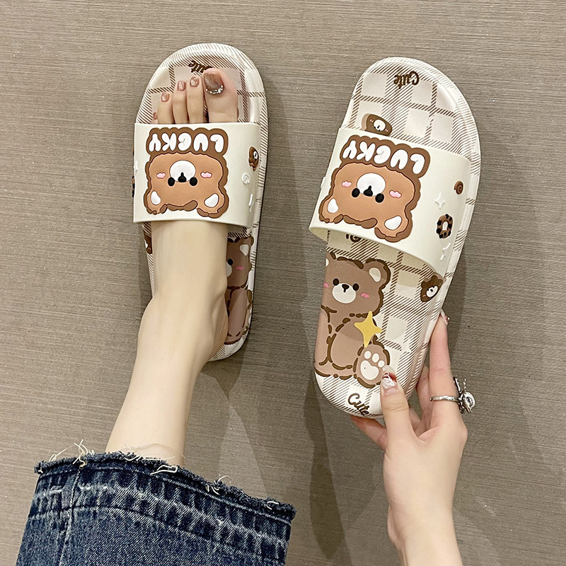 凉拖鞋女夏季外穿可爱印花小熊室内家居家浴室踩屎感软底防滑拖鞋