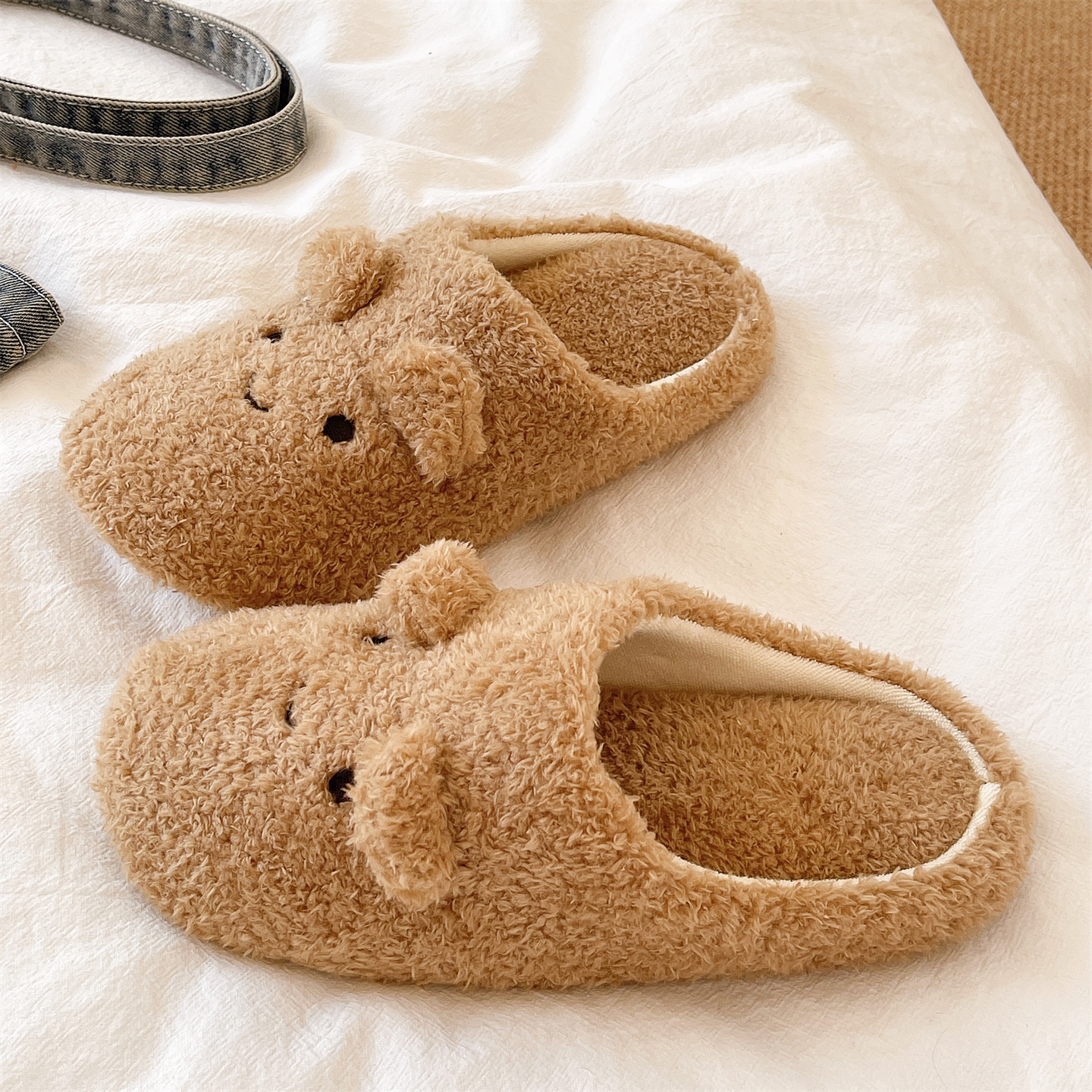 卡通可爱小熊毛毛鞋女冬季情侣室内居家防滑保暖毛绒包头棉拖鞋男