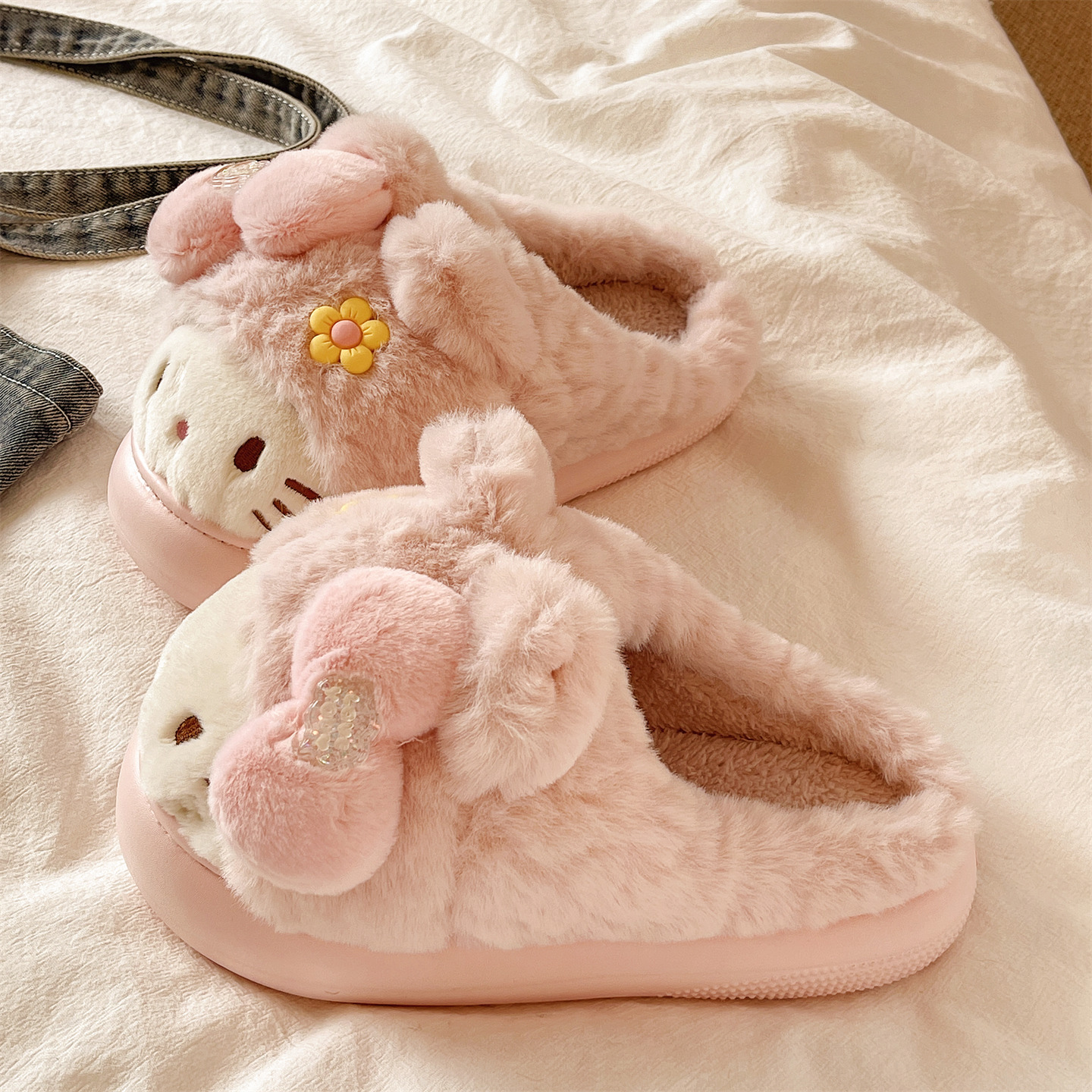 可爱猫咪毛毛拖鞋女冬季厚底防滑居家室内包头保暖毛绒月子棉拖鞋