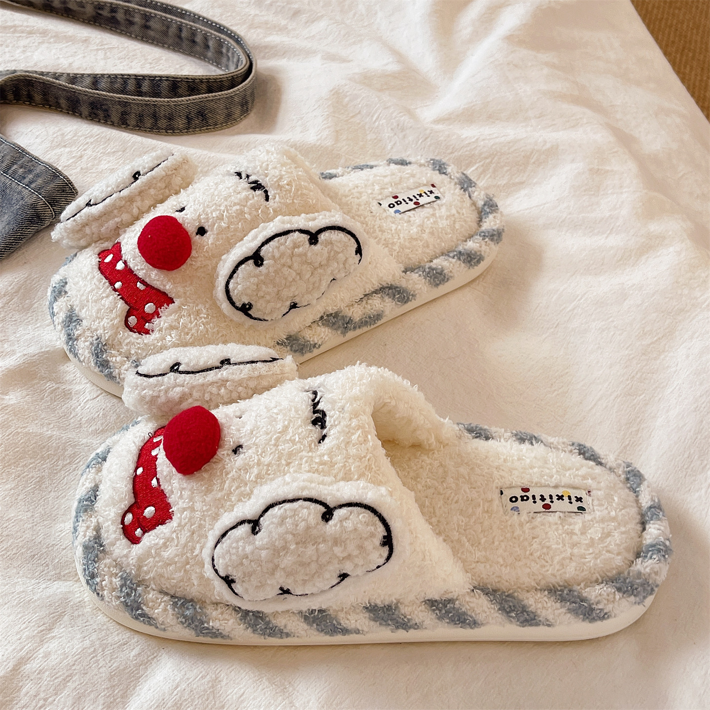 毛毛拖鞋女冬季学生室内居家毛绒保暖软底防滑可爱围巾小狗棉拖鞋