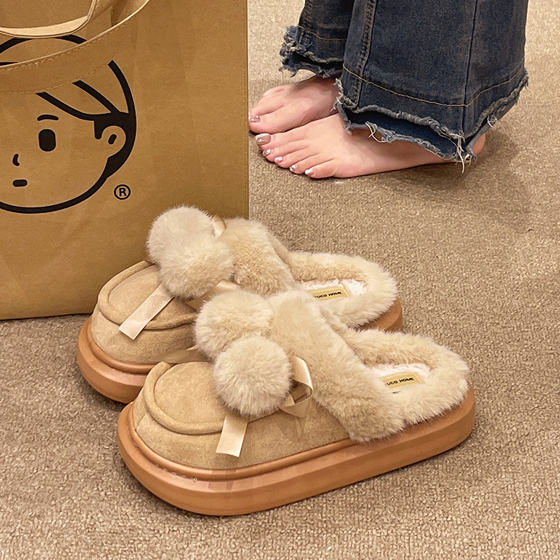 可爱双球棉拖鞋女秋冬季2025新款室内家居家加绒保暖厚底包头拖鞋