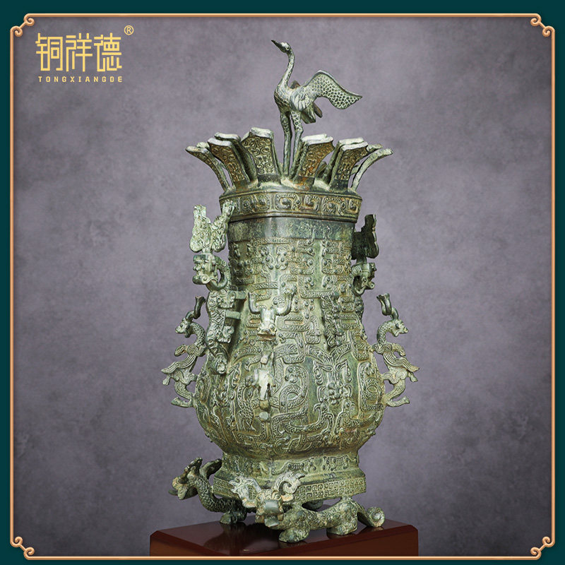 春秋战国青铜器立鹤莲鹤方壶盛酒器仿古铜摆件定制博物馆收藏送礼