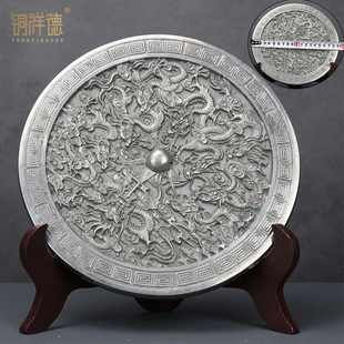 汉唐铜镜黑漆古青铜高锡圆形白银光海兽复古铜镜家居摆件鉴赏收藏