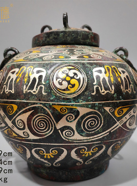 仿古青铜器方罍壶酒器摆件西周象首耳圆罍栾书铜缶盥缶链子三羊瓿