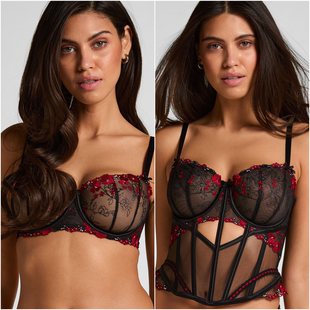 性感重工刺绣红玫瑰蕾丝透明网纱内衣聚拢文胸衣 荷兰HKM外贸正品